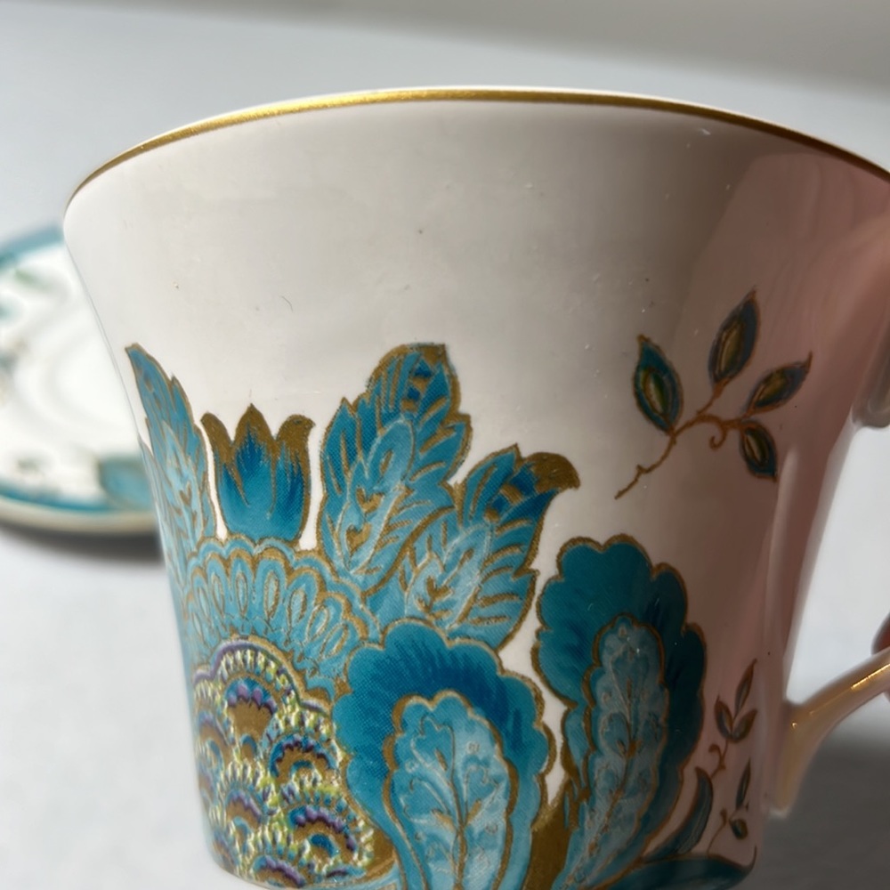 Vintage Retired Flat Cup & Saucer Set Eliza Teal by 222 FIFTH Gold Trim - Picture 3 of 7